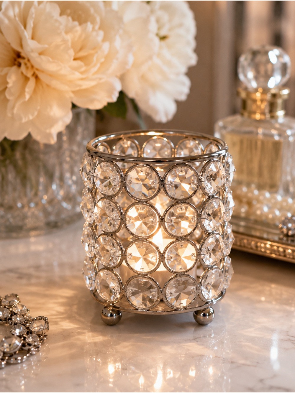 Goodinger Silver Art Silver Plat Crystal Jeweled Votive Candle Holder Glam Decor